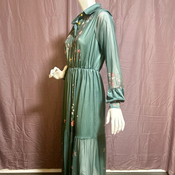 Green Floral Chiffon Maxi Dress  Boho Prairie Long Sleeve Elastic Waist Size: M - Picture 10 of 13